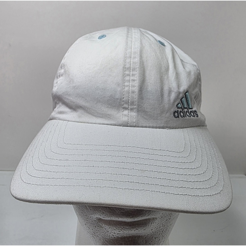 Adidas White Cap Baseball Hat Adjustable Strap Blue Logo Cotton Polyester